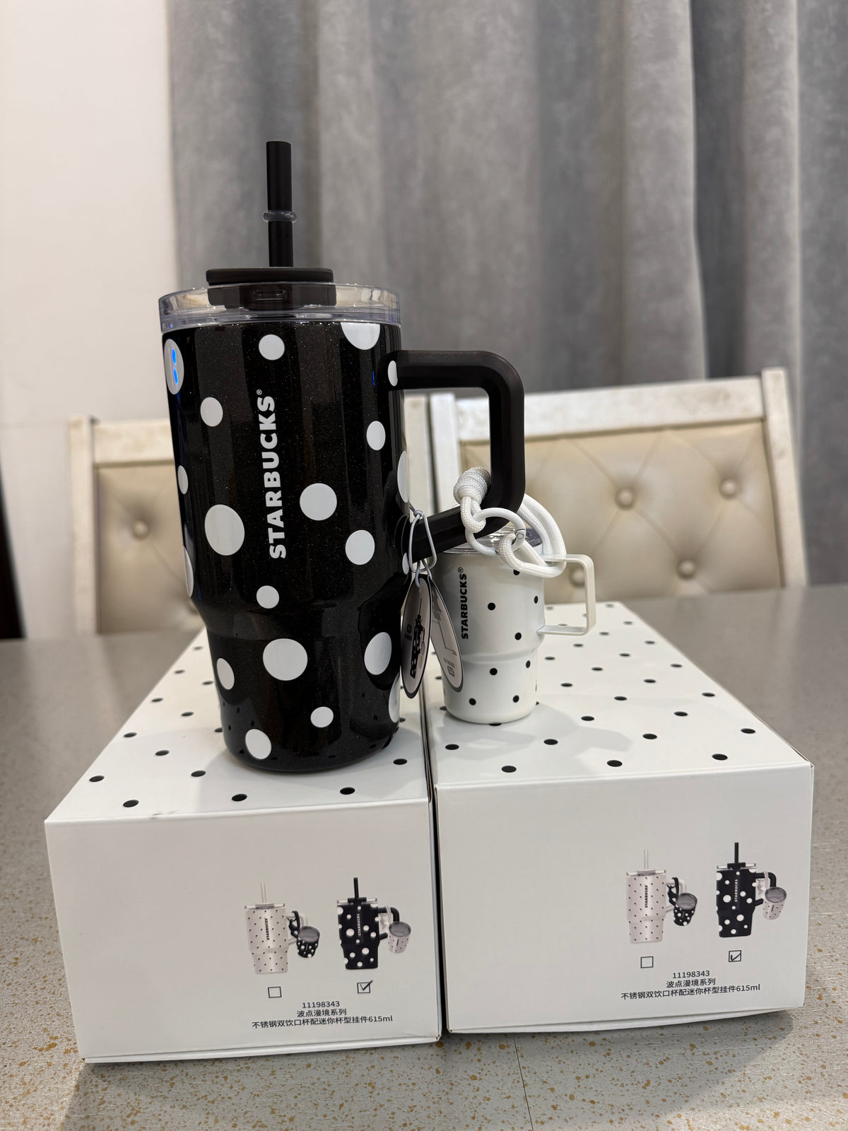 Starbucks China 2026 black with White Polka Dot 21oz SS Straw Tumbler w/ Mini Cup Charm