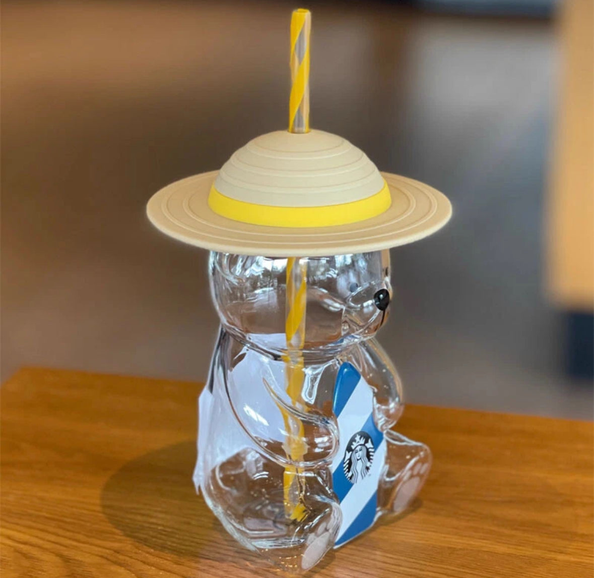 Korea Summer Yellow Hat Bear 473ml Glass Straw Cup Tumbler