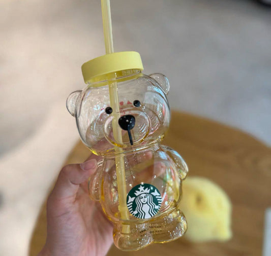 China Starbucks Fruit Series 15oz Bear W/ Lemon Cap Glass Straw Cup In Hand