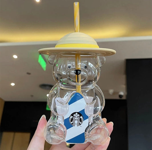 Korea Summer Yellow Hat Bear 473ml Glass Straw Cup Tumbler
