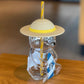 Korea Summer Yellow Hat Bear 473ml Glass Straw Cup Tumbler