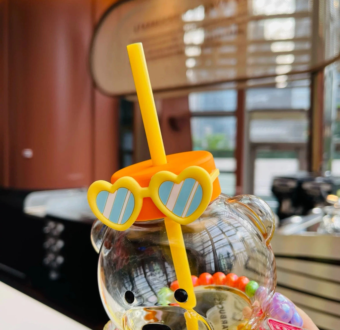 Starbucks Bear Glass Straw Cup Heart Sunglasses Beaded Decoration Yellow Tumbler