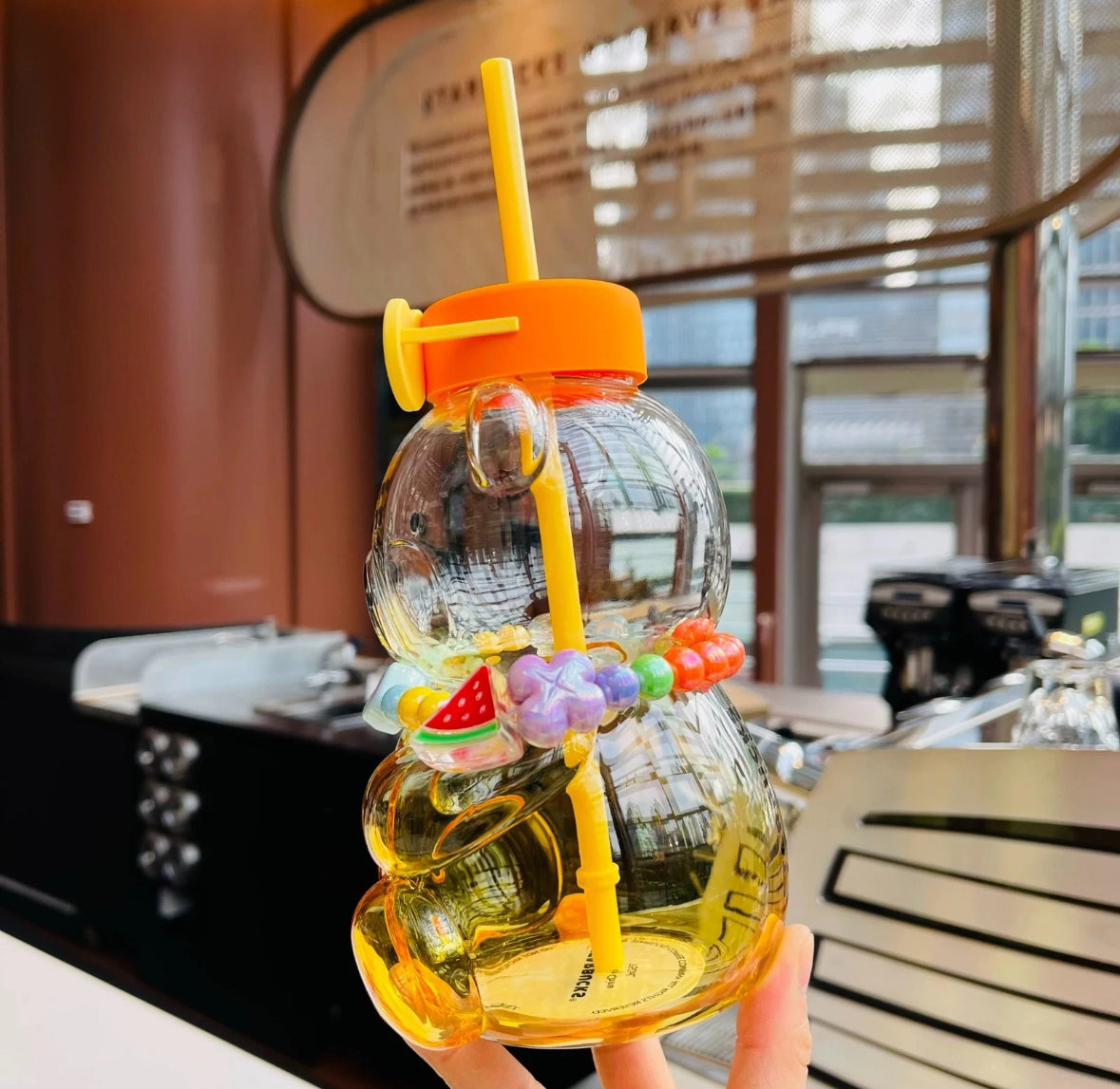 Starbucks Bear Glass Straw Cup Heart Sunglasses Beaded Decoration Yellow Tumbler