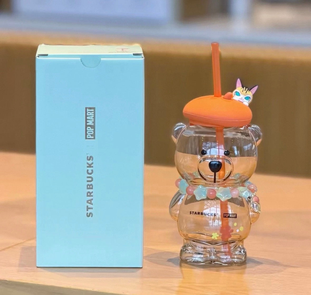 New 2026 China Starbucks x Pop Mart 460ml Molly Bear Shaped Glass Straw Cup
