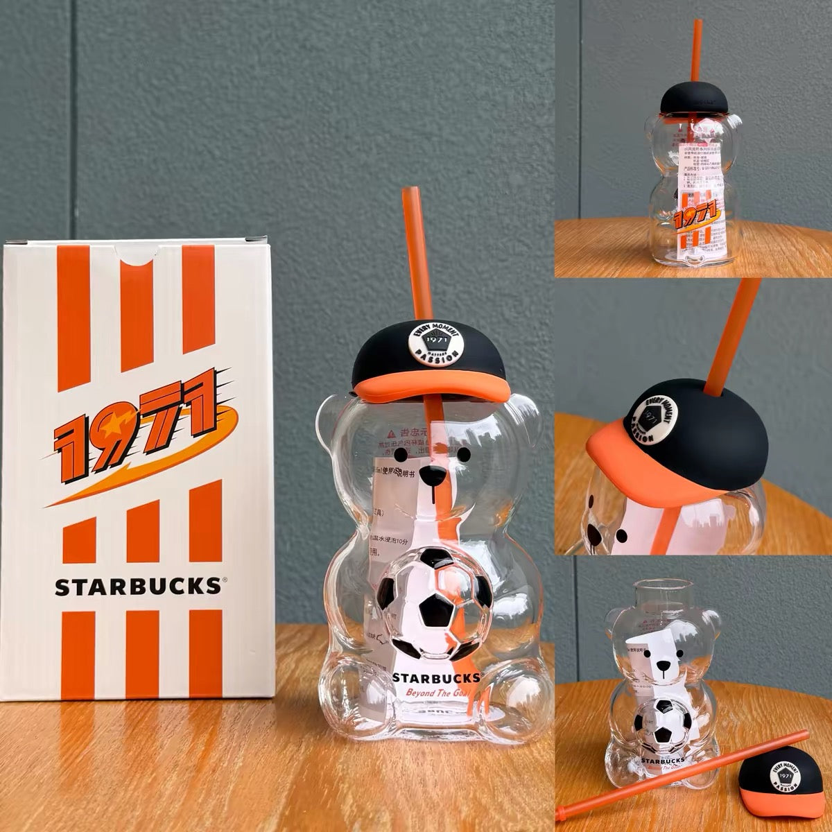 Starbucks 2026 Soccer Bearista 585ml Baseball Cap Football Bear Glass Straw Cup